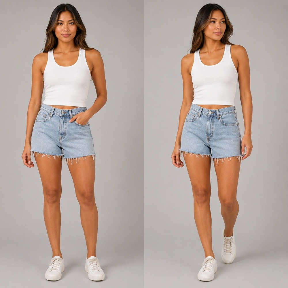 GRLFRND‎ High Rise Denim Shorts Light Wash Frayed Hem Blue Womens 29